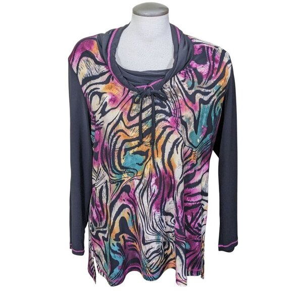 Womens Tunic Top Size XL Cowl Neck Sweatshirt Artsy Colorful Animal Print Boho - Picture 2 of 7
